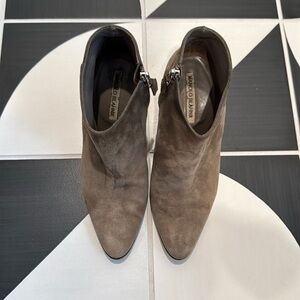 Manolo Blahnik taupe suede booties, size 37 (US size 6.5)